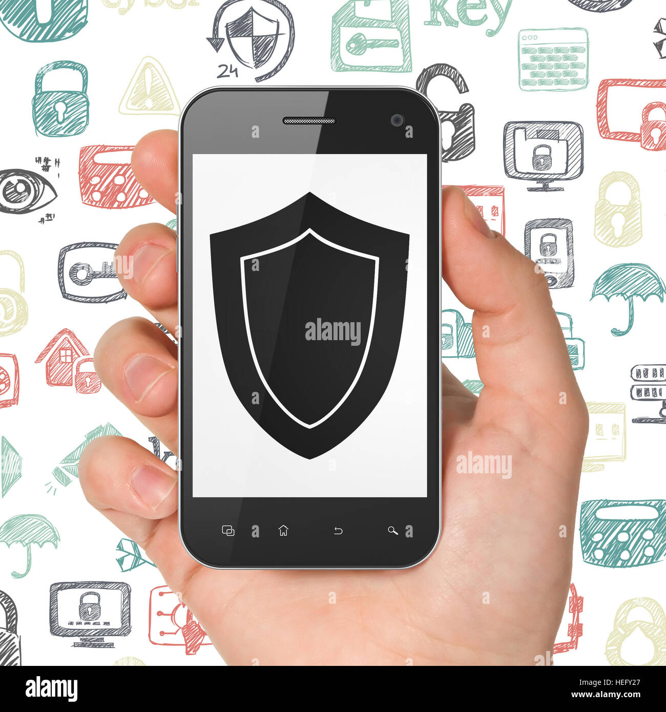Protection concept: Hand Holding Smartphone with Shield on display ...