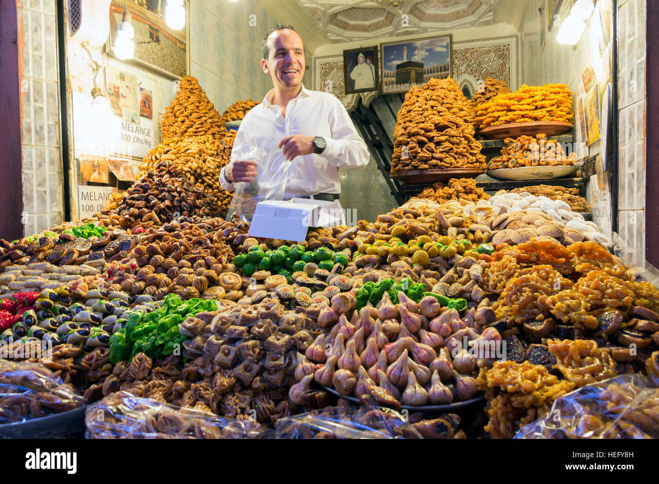 Food seller in the souks of Marrakesh, Morocco Stock Photo