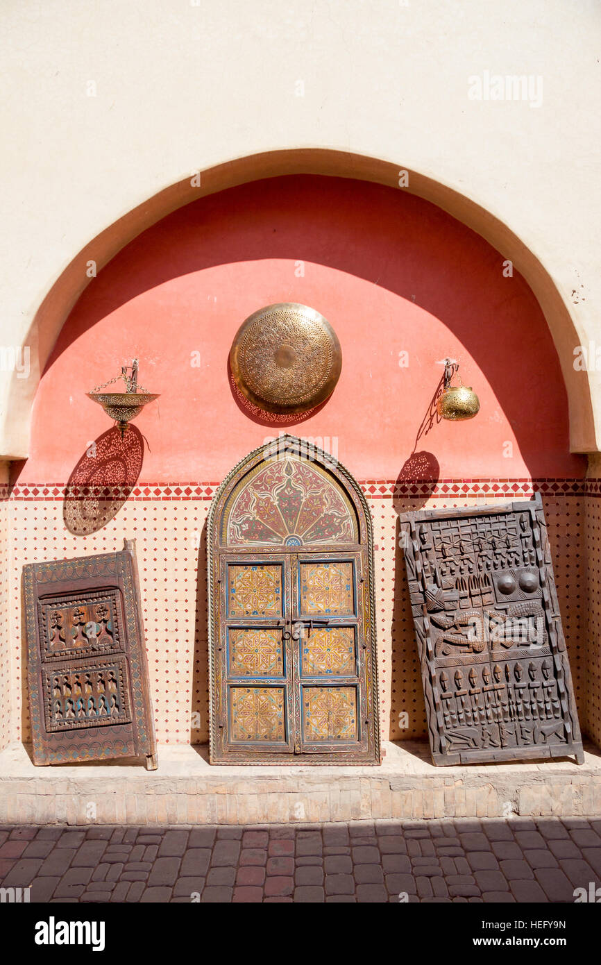 Hand made doors for sale in the souks of Marrakesh, Morocco Stock Photo