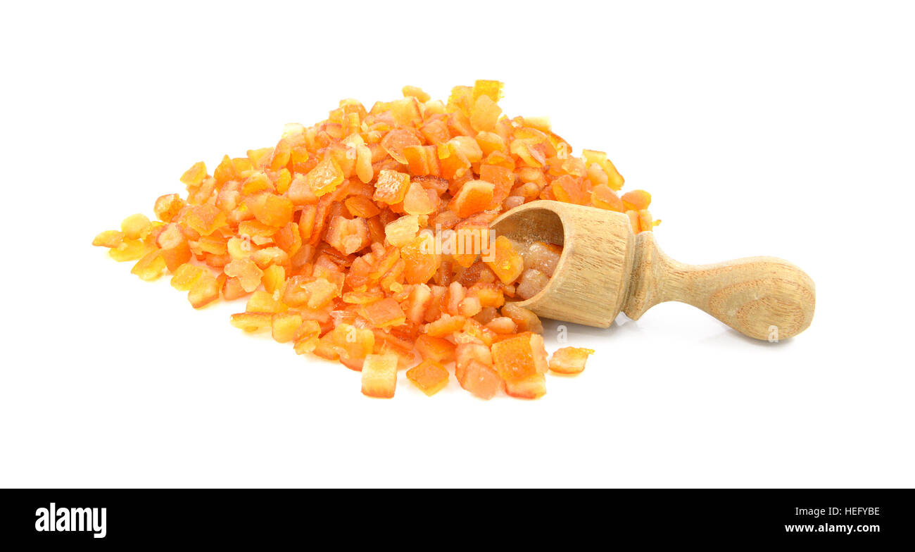 Mixed peel, chopped orange and lemon zest with a small wooden scoop