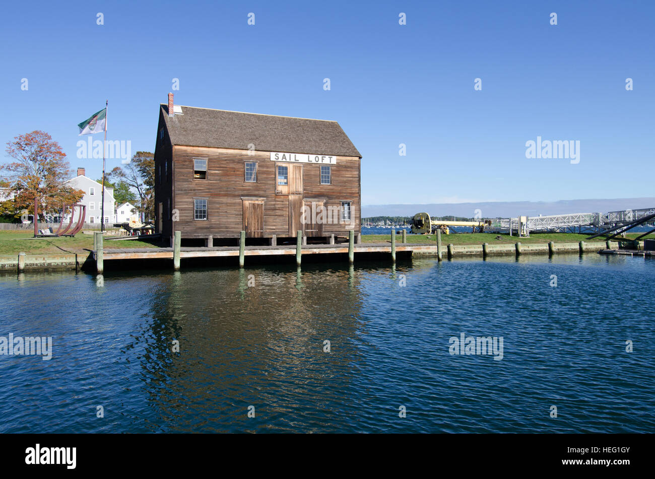 The historic Sail Loft building on the harbor at the Salem Maritime National Historic Site is the Pedrick Store House on Derby Wharf Stock Photo