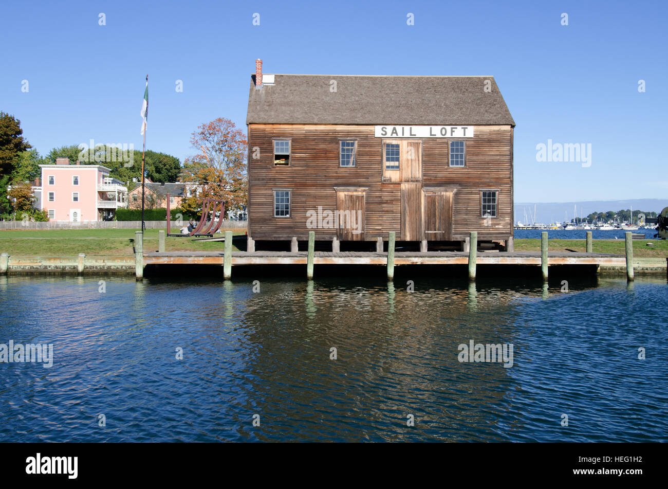 The historic Sail Loft building on the harbor at the Salem Maritime National Historic Site is the Pedrick Store House on Derby Wharf Stock Photo