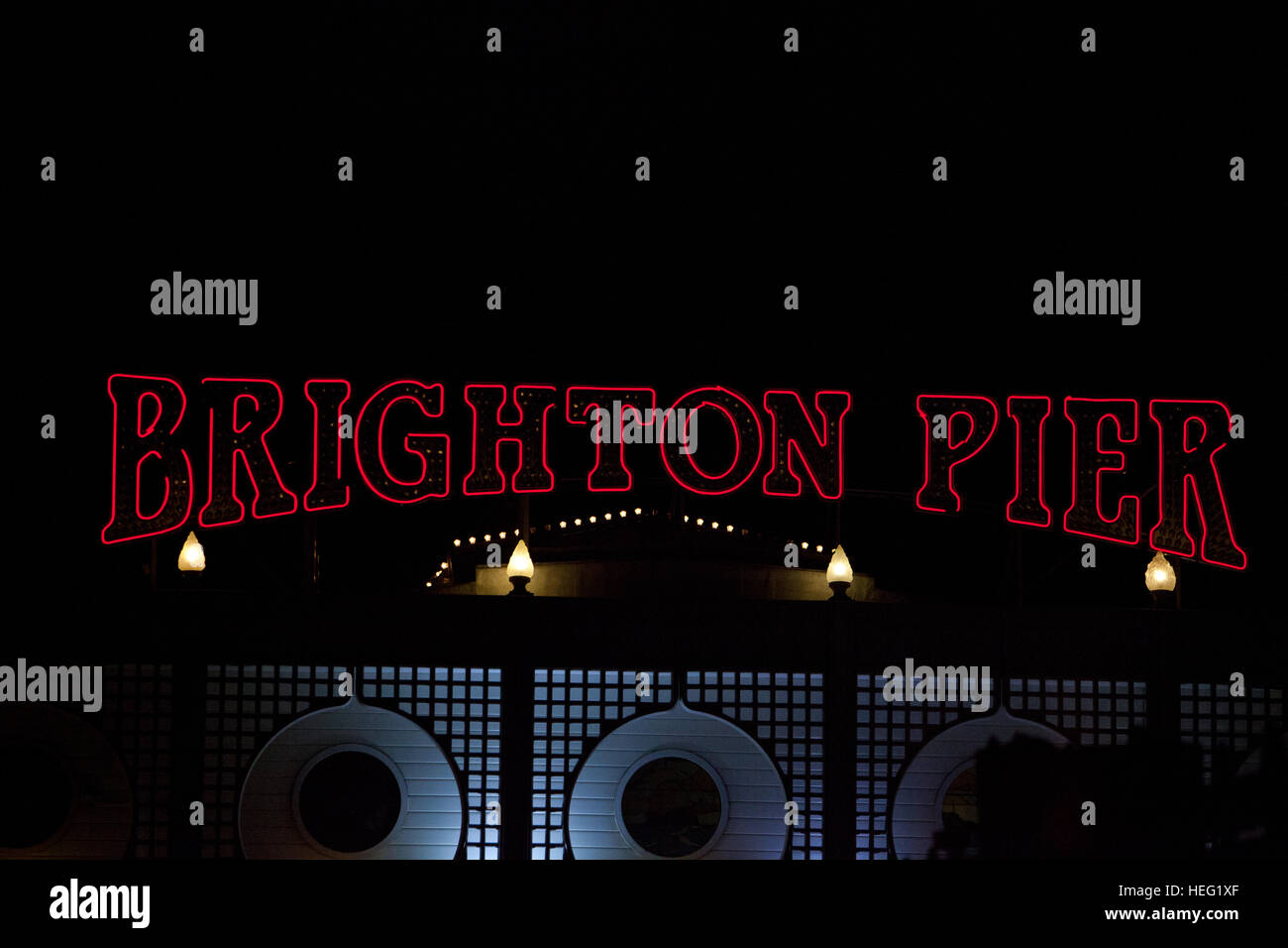 Brighton Pier sign at night Stock Photo - Alamy