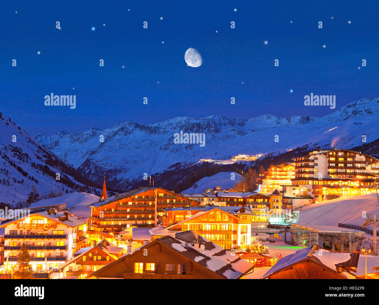 Austria, Tyrol, Ã–tztal, winter evening in Obergurgl (village) Stock Photo
