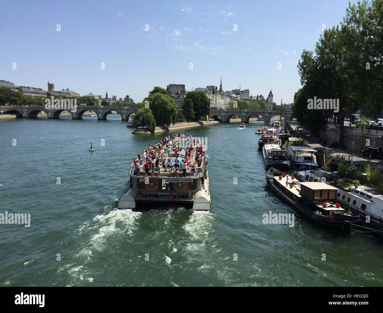 Ausflugsschiff mit Touristen, sog. Bateaux Mouches, auf der Seine in Paris. Im Hintergrund die BrÃ¼cke Pont Neuf Stock Photo