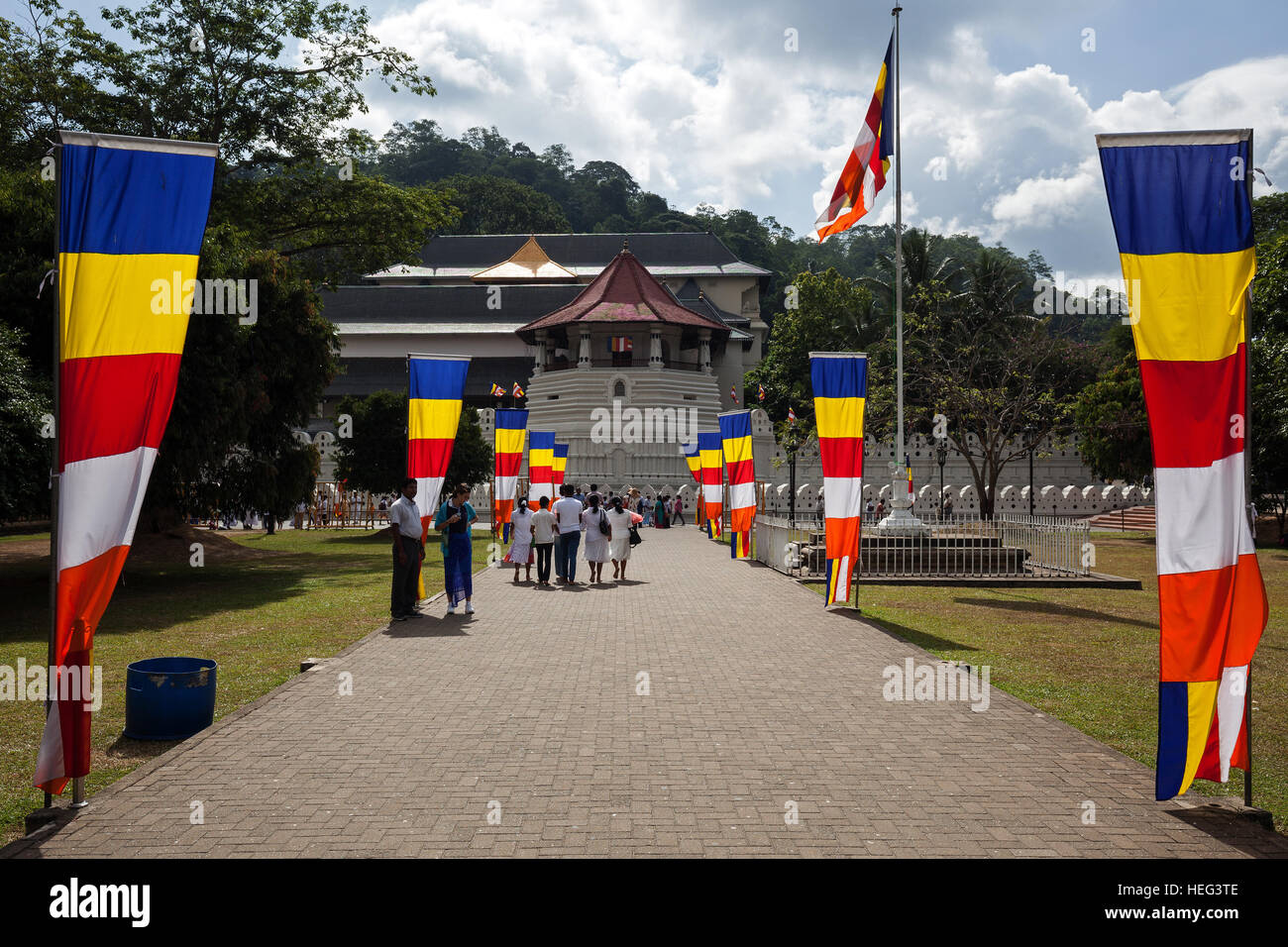 Buddhist flags, Temple of the Sacred Tooth Relic, Kandy, Central Province, Sri Lanka Stock Photo
