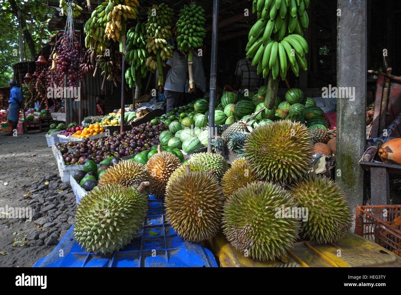 Fruit stall, durian, bananas, melons, Central Province, Sri Lanka Stock Photo