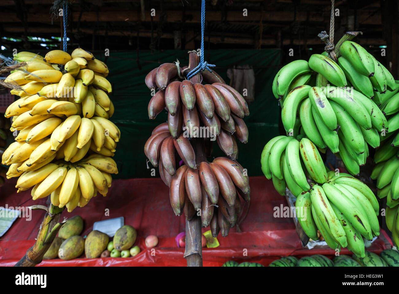 Fruit stall with bananas, Central Province, Sri Lanka Stock Photo