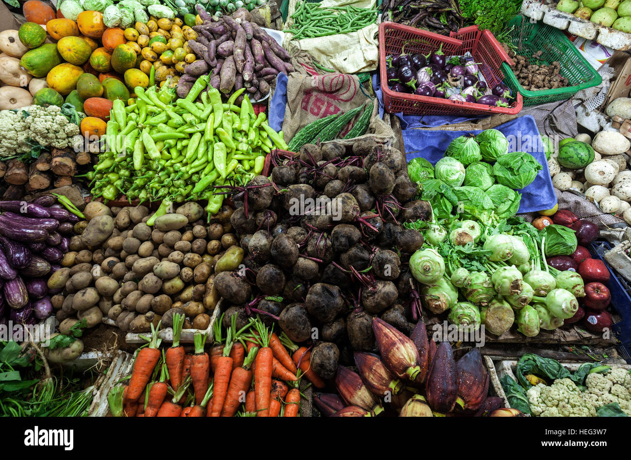 Fruit and vegetables in Nuwara Eliya market hall, Central Province, Sri Lanka Stock Photo