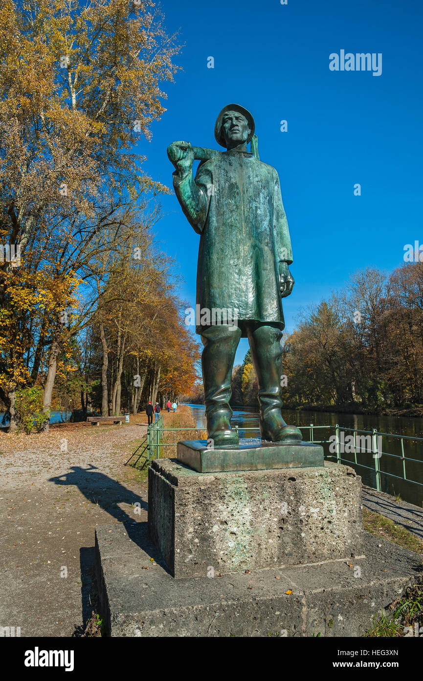The Isar Rafter Statue on the Isar Canal, Thalkirchen, Munich, Bavaria, Germany Stock Photo