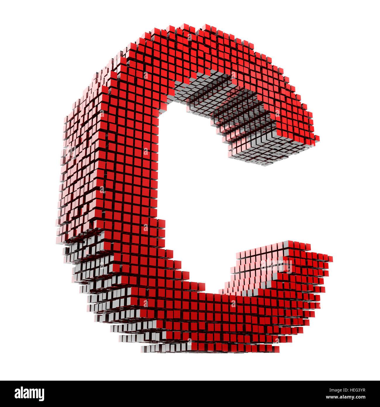 3D Buchstabe C in rotem Material digital fragmentiert vor weißem Hntergrund Stock Photo