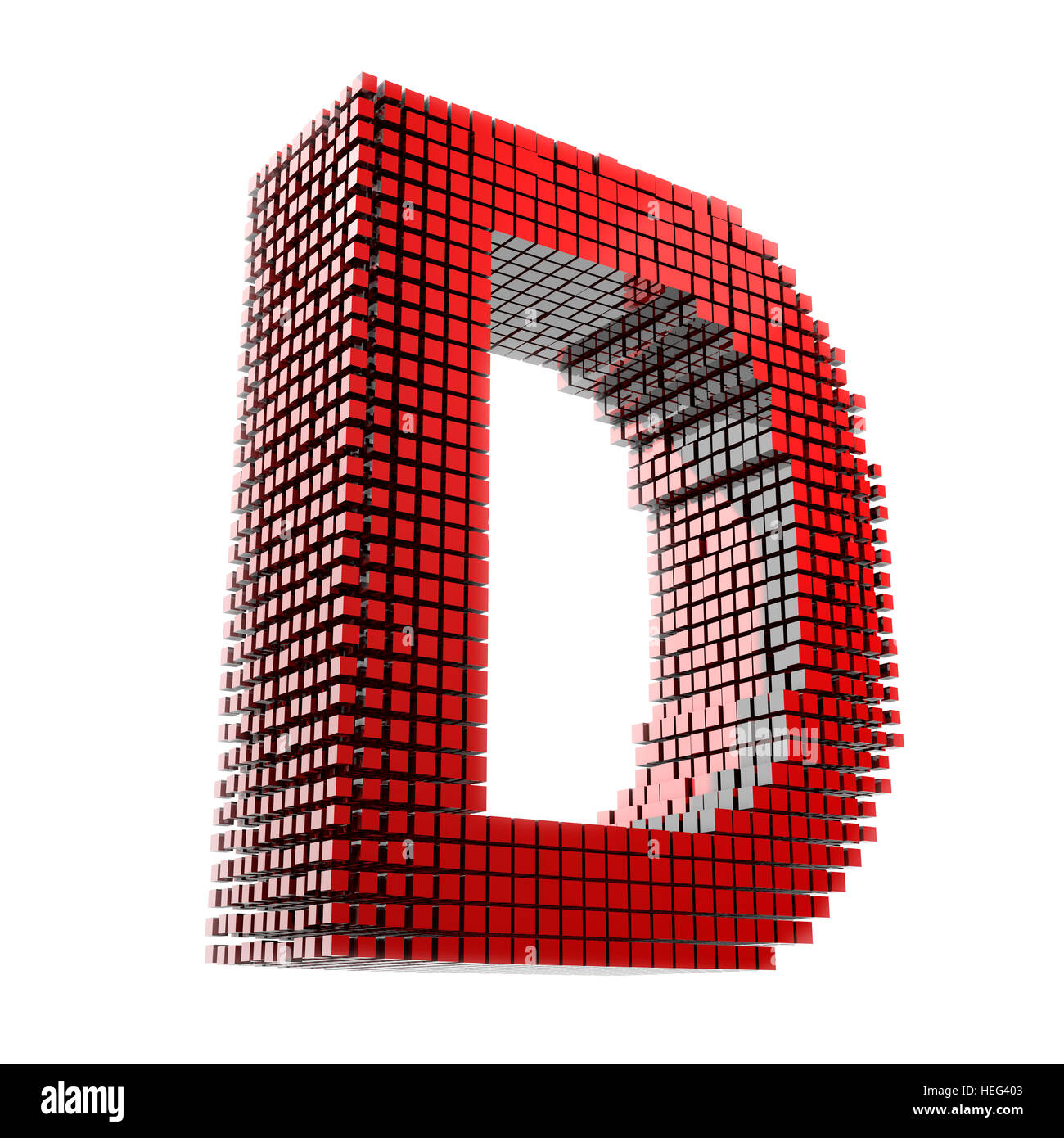 3D Buchstabe D in rotem Material digital fragmentiert vor weißem Hntergrund Stock Photo