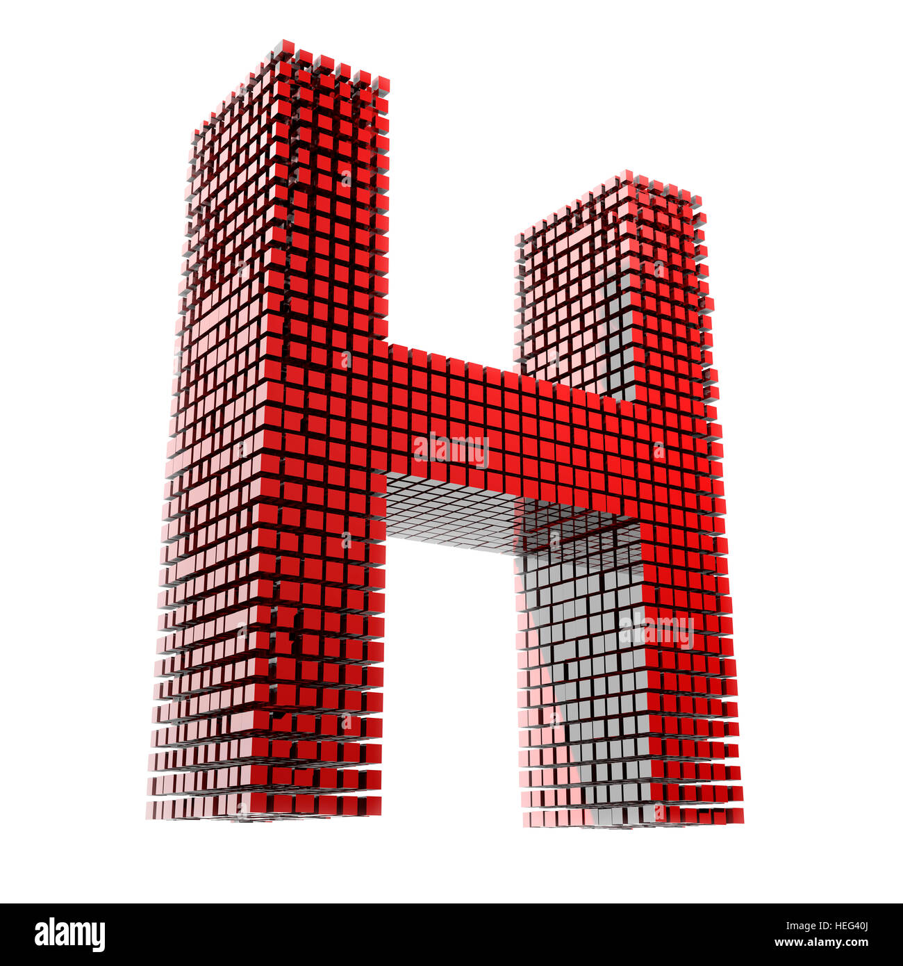 3D Buchstabe H in rotem Material digital fragmentiert vor weißem Hntergrund Stock Photo