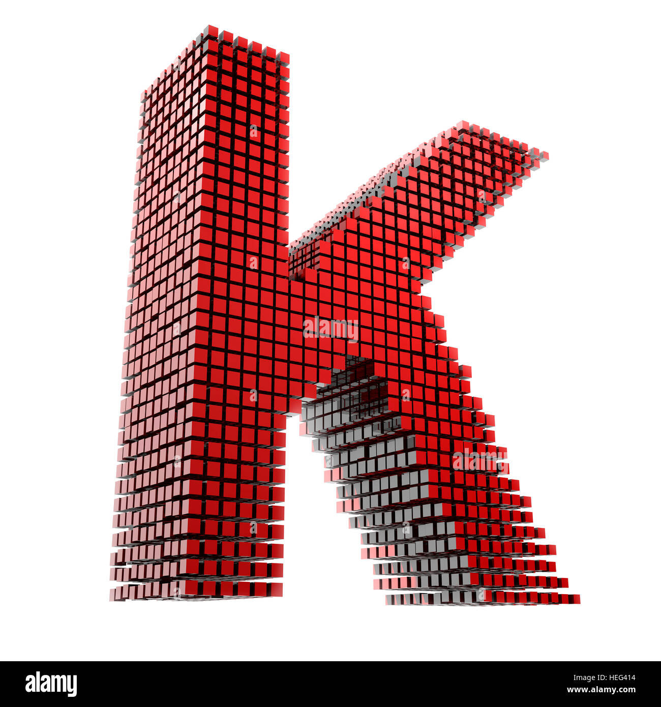 3D Buchstabe K in rotem Material digital fragmentiert vor weißem Hntergrund Stock Photo