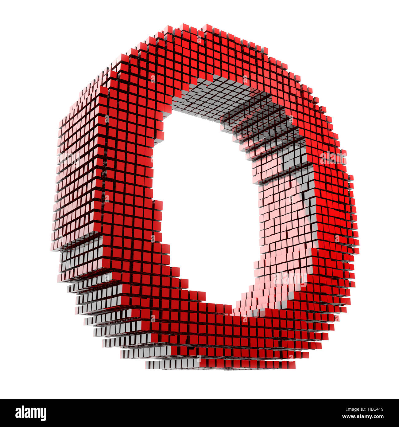 3D Buchstabe O in rotem Material digital fragmentiert vor weißem Hntergrund Stock Photo