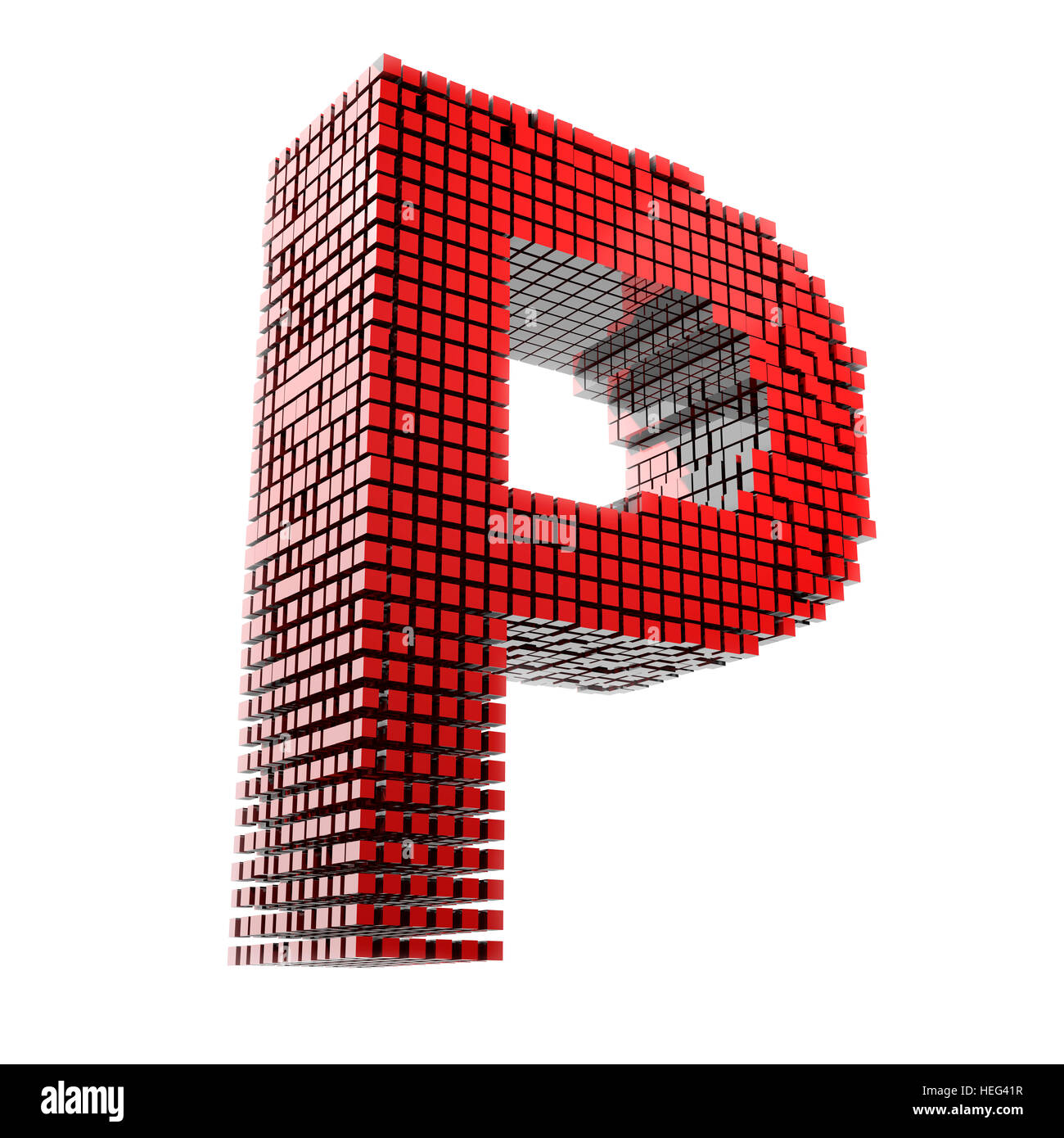 3D Buchstabe P in rotem Material digital fragmentiert vor weißem Hntergrund Stock Photo