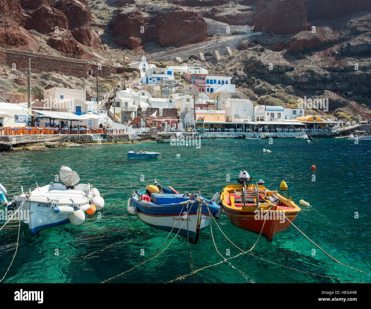 Fishing boats in Amoudi Harbor, Amoudi Bay, Oia, Santorini, Cyclades, Greece Stock Photo