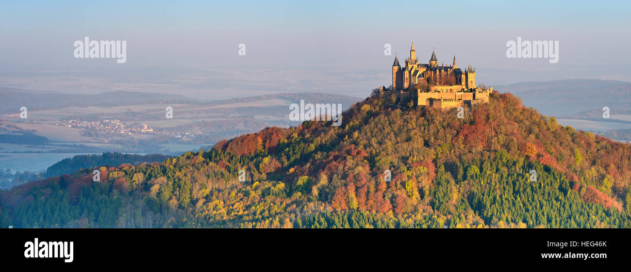 Hohenzollern Castle in morning light, autumn, Swabian Jura, Zollernalb, Hechingen, Baden-Württemberg, Germany Stock Photo