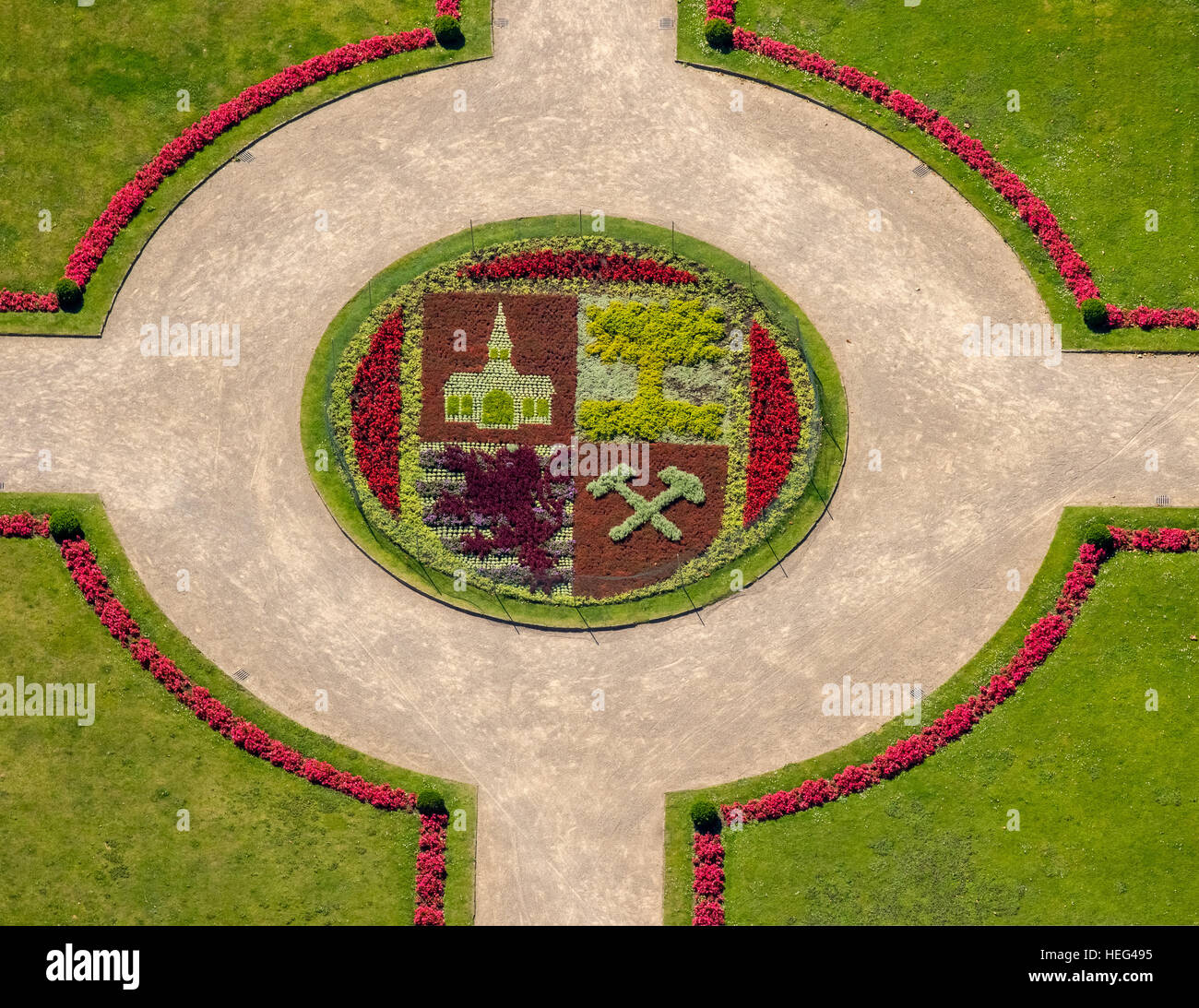 Aerial view, flowerbed shaped into Gelsenkirchen coat of arms, Schloss Berg Castle Park, Gelsenkirchen, Ruhr Stock Photo