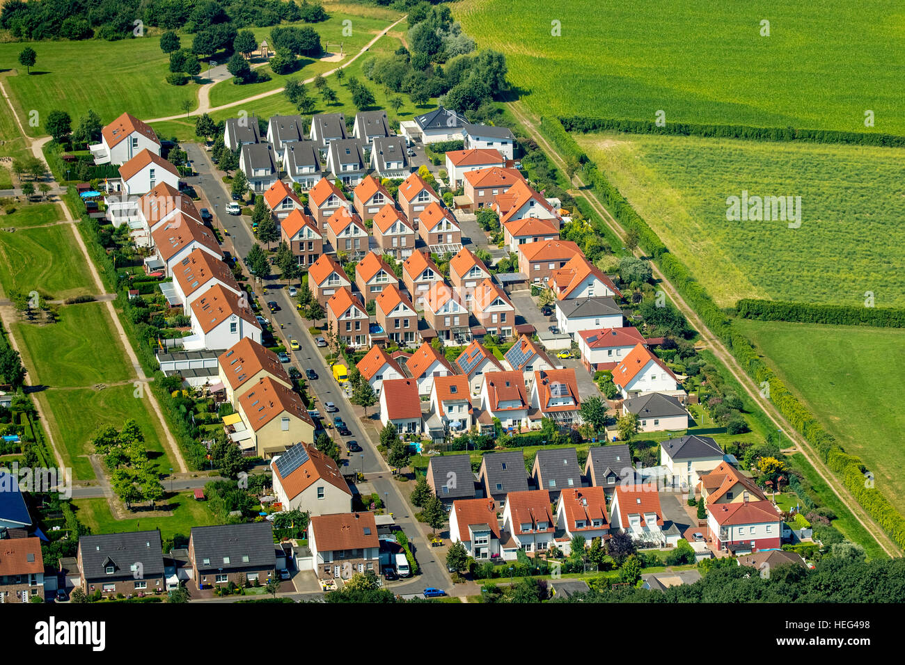 Aerial view, detached houses, new housing estate, Zweckel, Gladbeck, Ruhr district, North Rhine Westphalia, Germany Stock Photo