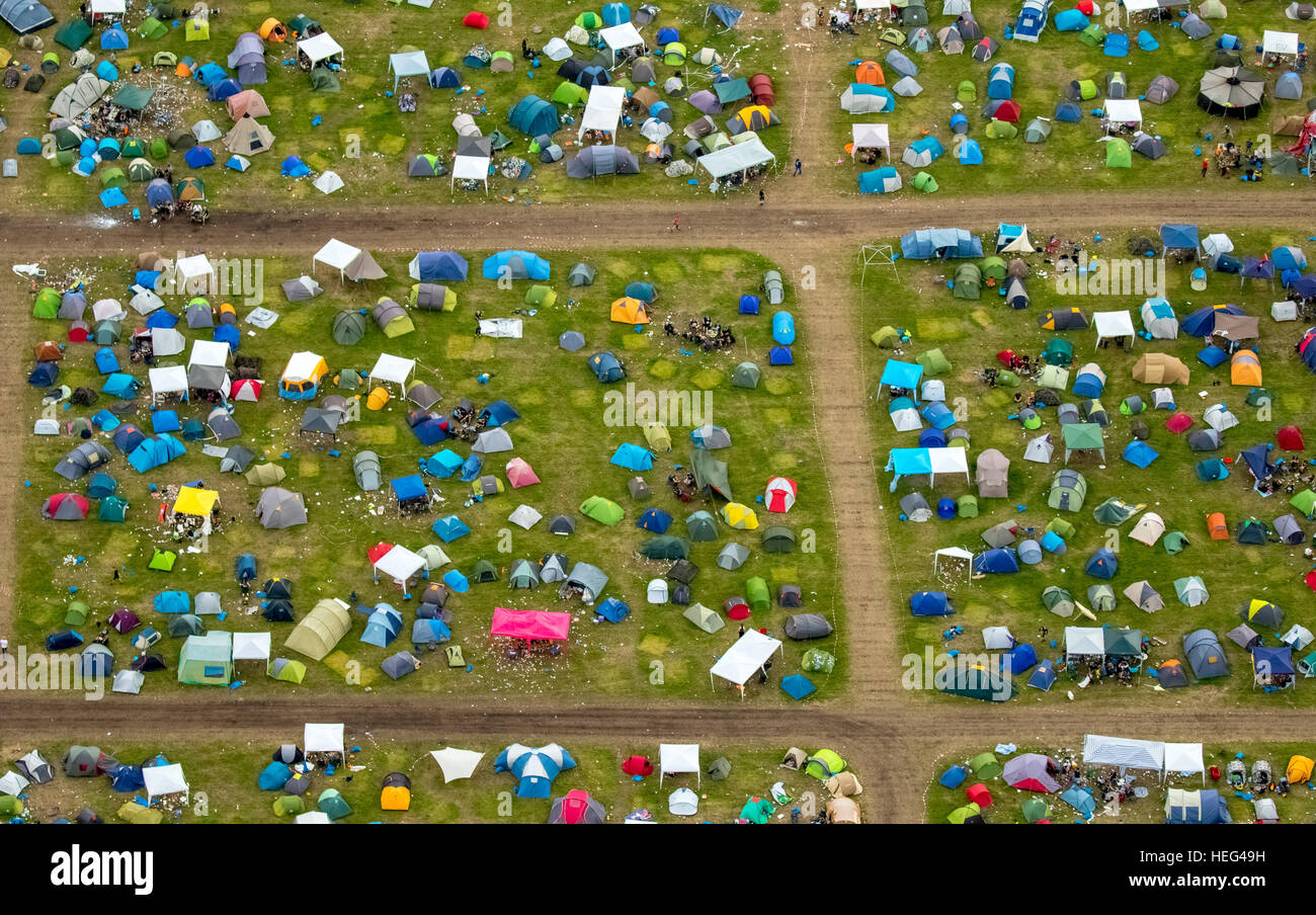 Aerial view of campers and tents at Ruhrpott Rodeo, Punk Festival, Music Festival at Schwarze Heide Bottrop Airport, Bottrop Stock Photo