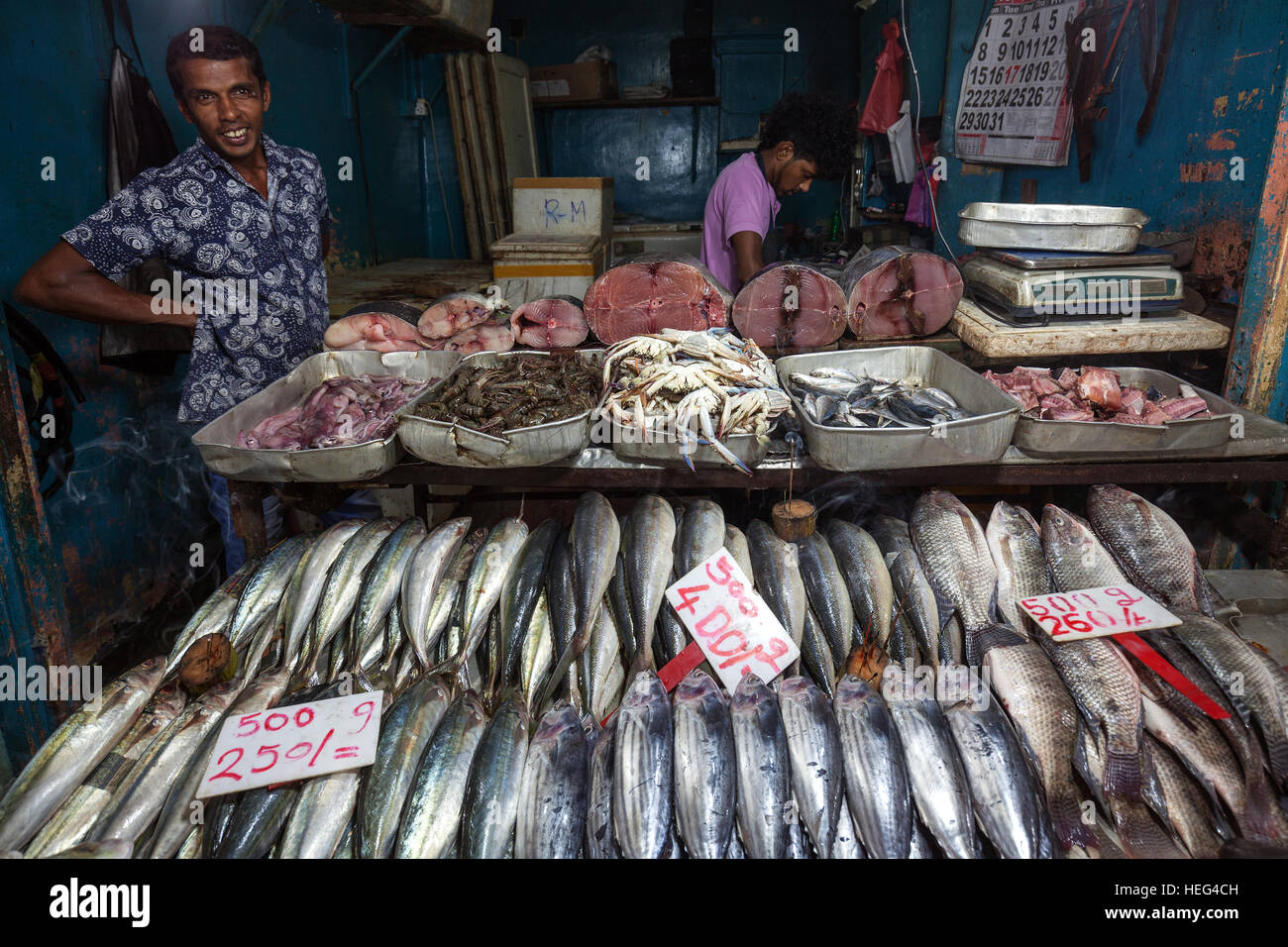 Fish for sale in Nuwara Eliya market hall, Central Province, Sri Lanka Stock Photo