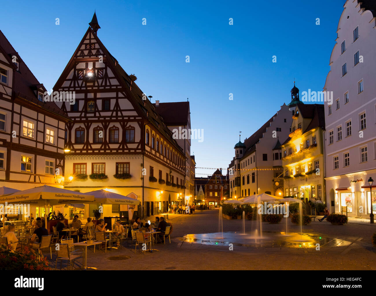 Market square at dusk, Nördlingen, Swabia, Bavaria, Germany Stock Photo