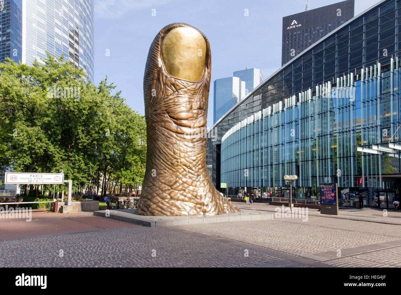Le Pouce, giant thumb sculpture, artist César Baldaccini, skyscrapers, La Defense business district, Hauts-de-Seine, Paris Stock Photo