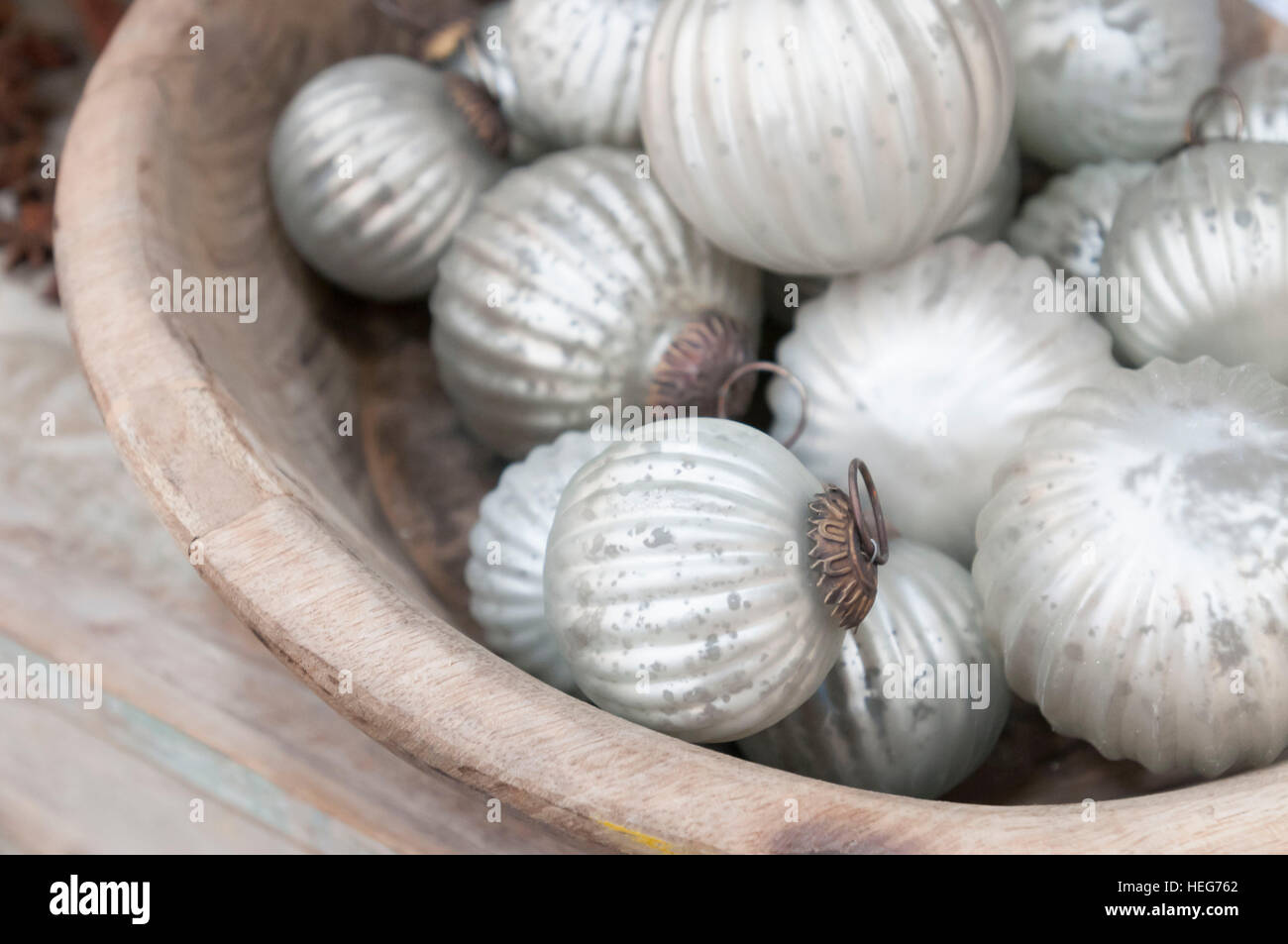 Silver Christmas bulb in a bowl Stock Photo