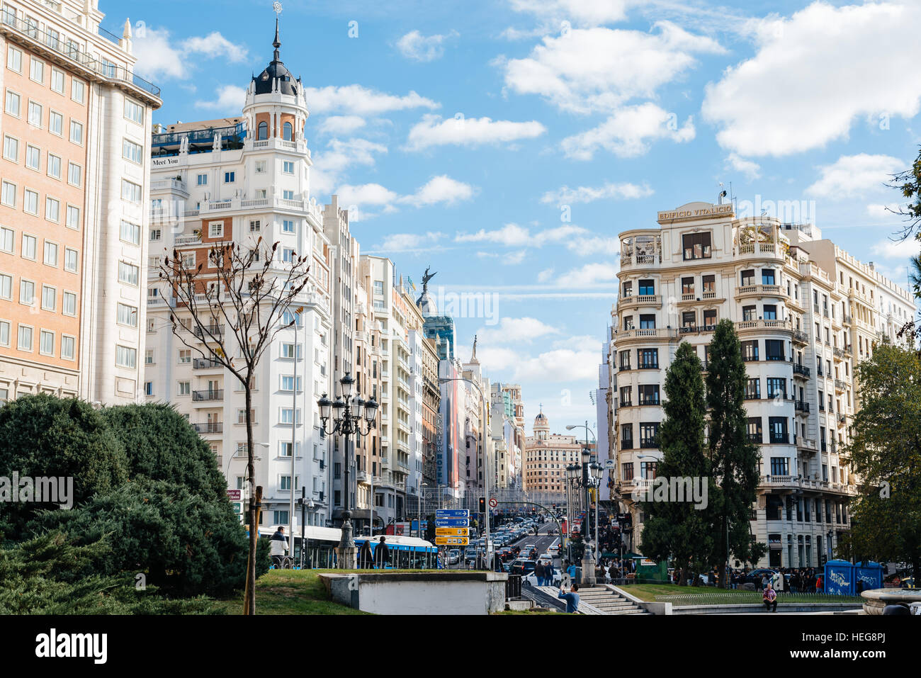 Madrid, Spain - November 13, 2016: Gran Via in Madrid. It is an ornate and upscale shopping street located in central Madrid. It is known as the Spani Stock Photo