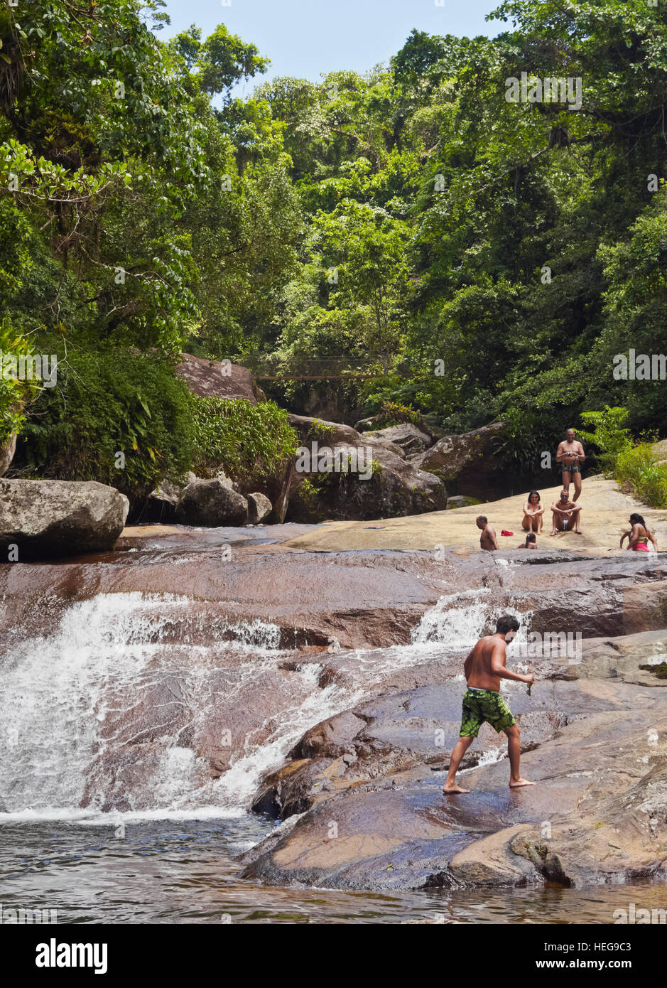 Brazil, State of Sao Paulo, Ilhabela Island, View of the waterfall Cachoeira da Lage. Stock Photo
