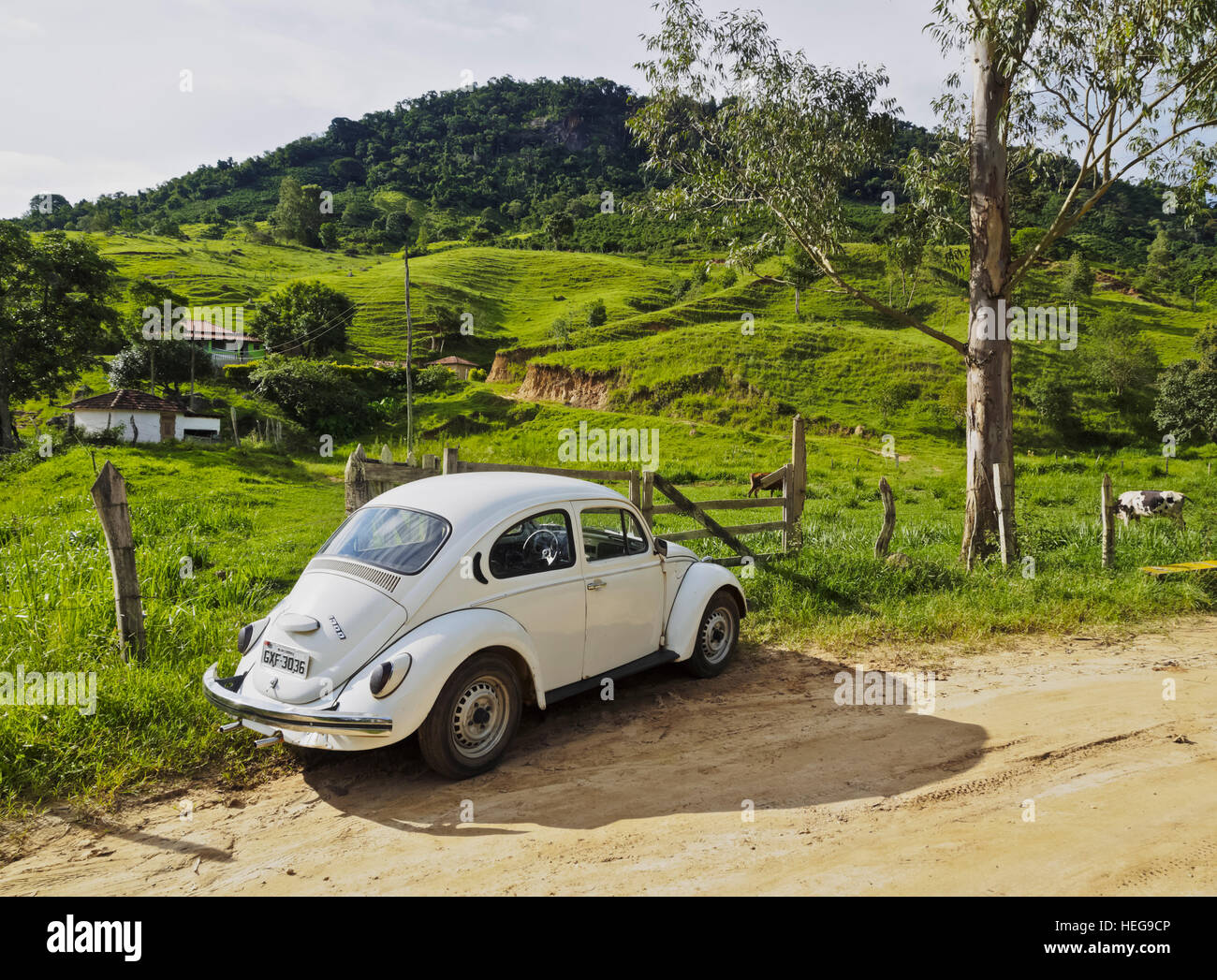 Brazil, State of Minas Gerais, Heliodora, Vintage Volkswagen Beetle on the countryside road. Stock Photo