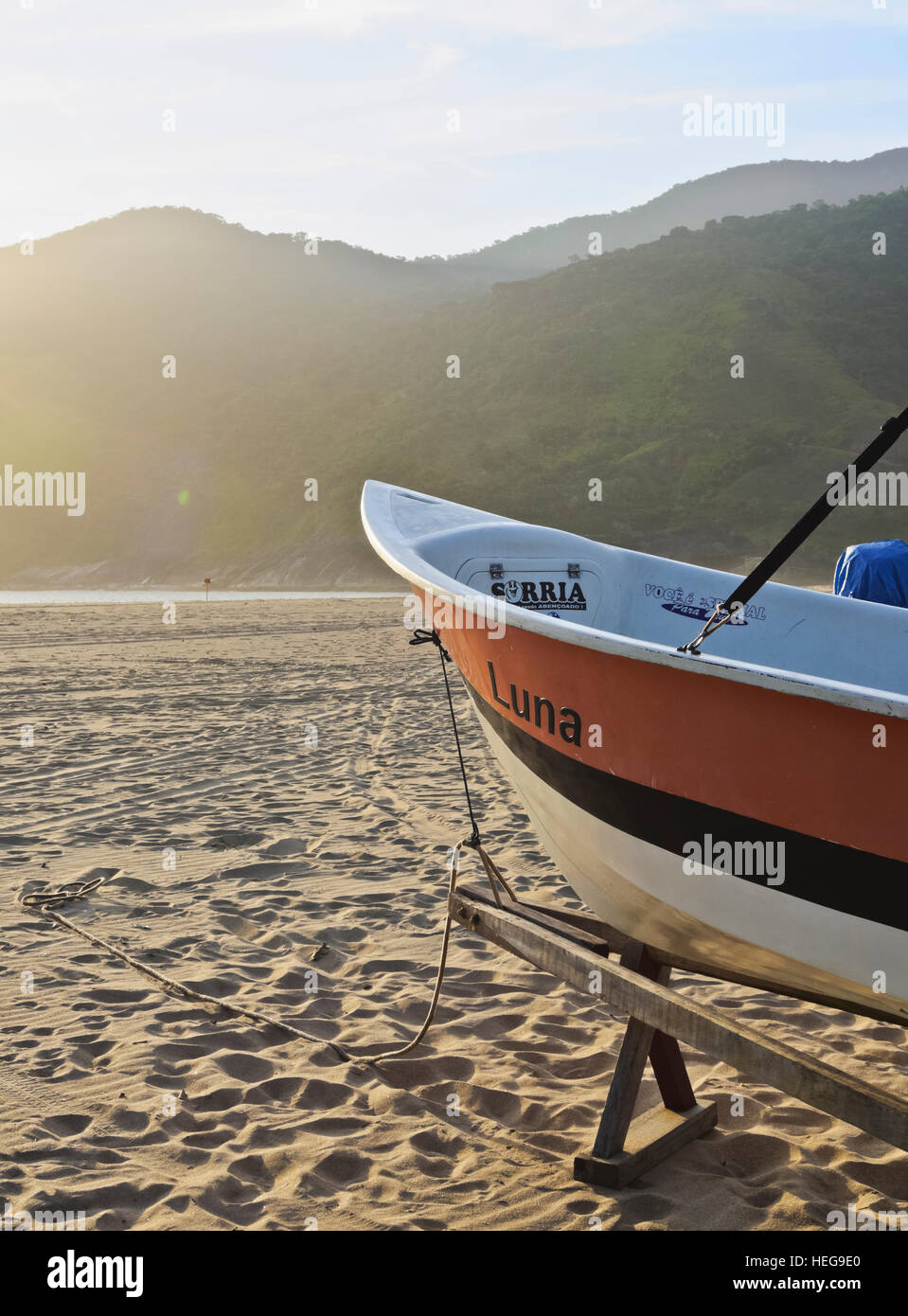 Brazil, State of Sao Paulo, Ilhabela Island, Boats on the beach in Bonete. Stock Photo
