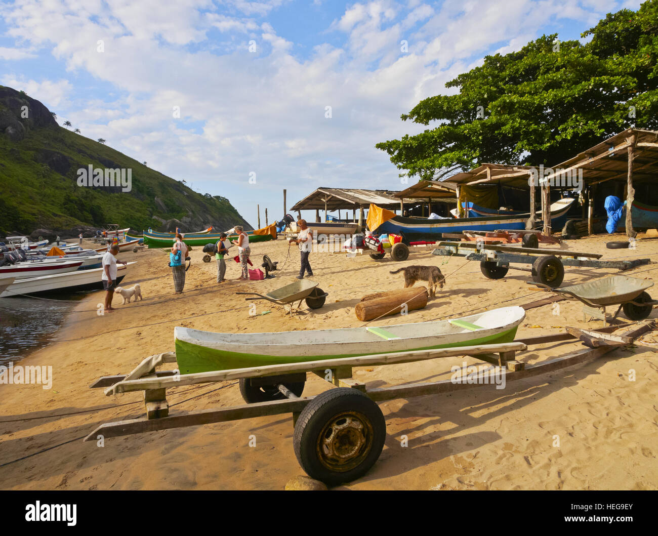 Brazil, State of Sao Paulo, Ilhabela Island, Fishing Boats in Bonete. Stock Photo