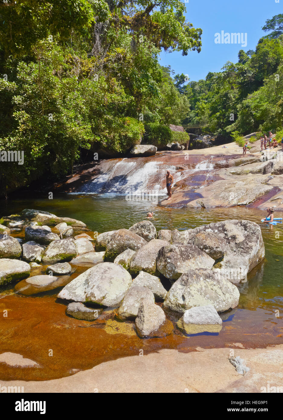 Brazil, State of Sao Paulo, Ilhabela Island, View of the waterfall Cachoeira da Lage. Stock Photo