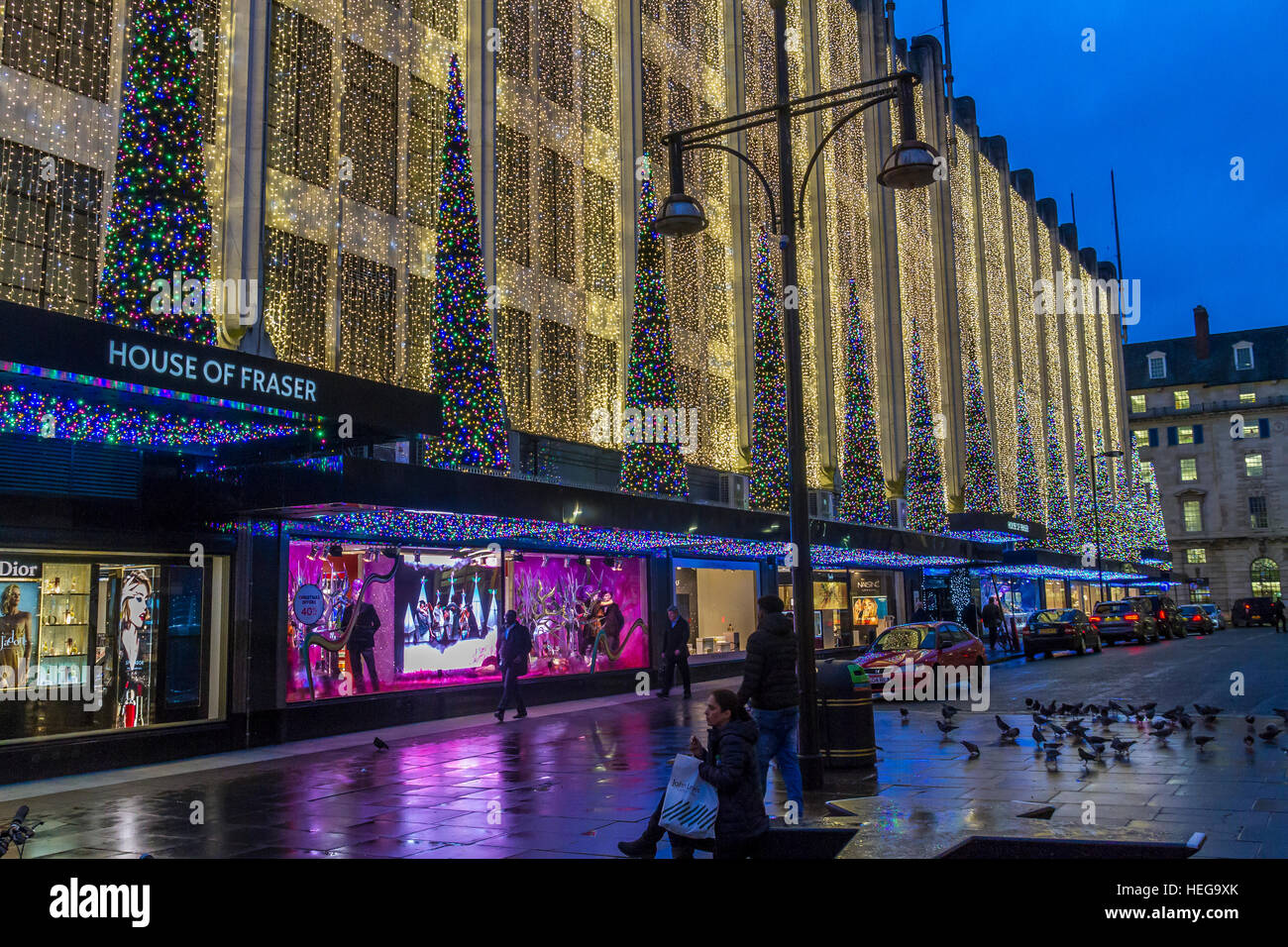 The House Of Fraser on London's Oxford St at Christmas time decorated in Christmas lights, Oxford St, London,UK Stock Photo
