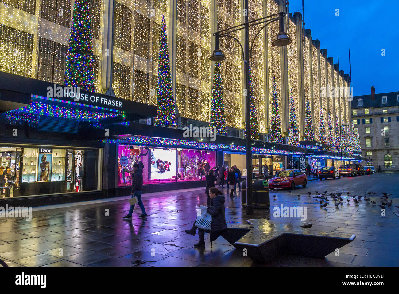 The House Of Fraser on London's Oxford St at Christmas time decorated in Christmas lights, Oxford St, London,UK Stock Photo