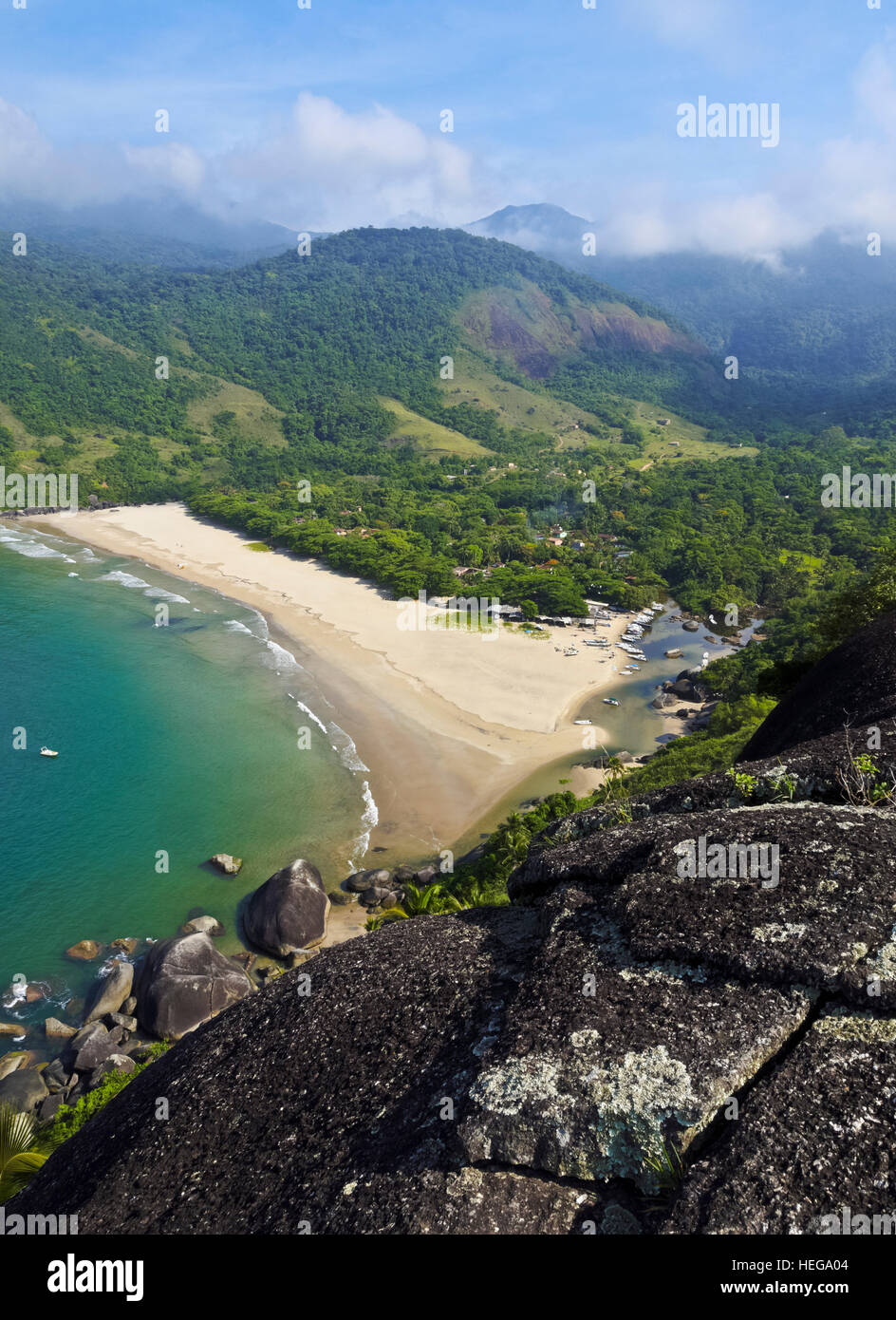 Brazil, State of Sao Paulo, Ilhabela Island, Elevated view of the beach in Bonete. Stock Photo