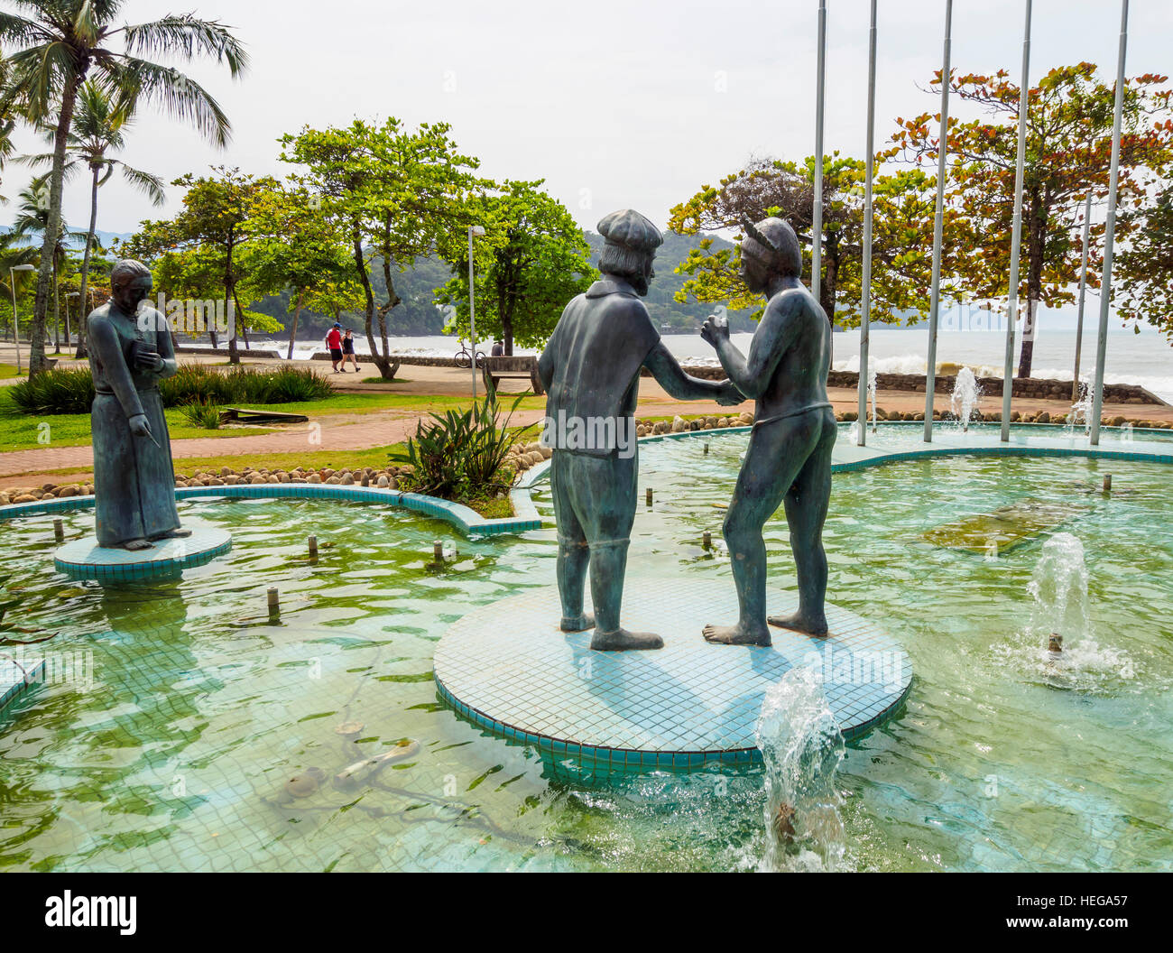 Brazil, State of Sao Paulo, Ubatuba, Fountain by the beach. Stock Photo