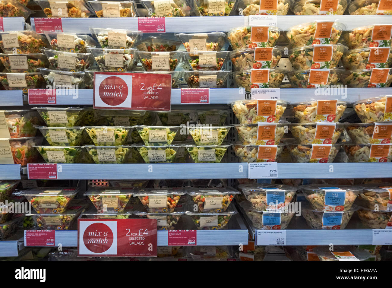 Fresh salads in Marks & Spencer food hall, UK Stock Photo