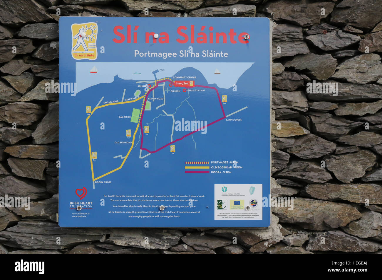 Board setting out a 'Slí na Sláinte' walking route in Portmagee,County Kerry, Ireland. Stock Photo