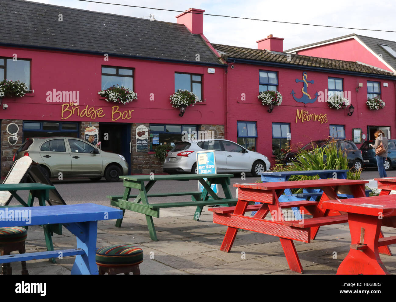 The Moorings - guest-house accommodation  and restaurant - and the Bridge Bar in Portmagee, County Kerry, Ireland Stock Photo