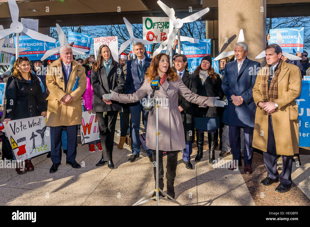 New York, United States. 20th Dec, 2016. On December 20 in Hempstead, NY, as the first offshore wind project in New York gets approval, a huge crowd of elected officials, environmental groups, activists and concerned New Yorkers rally to support Long Island Power Authority (LIPA) and ask for offshore wind commitment in New York - Adrienne Esposito, Executive Director of Citizens Campaign for the Environment said: “It's been a marathon of work and effort to bring wind power to Long Island, but we are at the last mile and moving closer to the finish line” © Erik McGregor/Pacific Press/Alamy Live Stock Photo