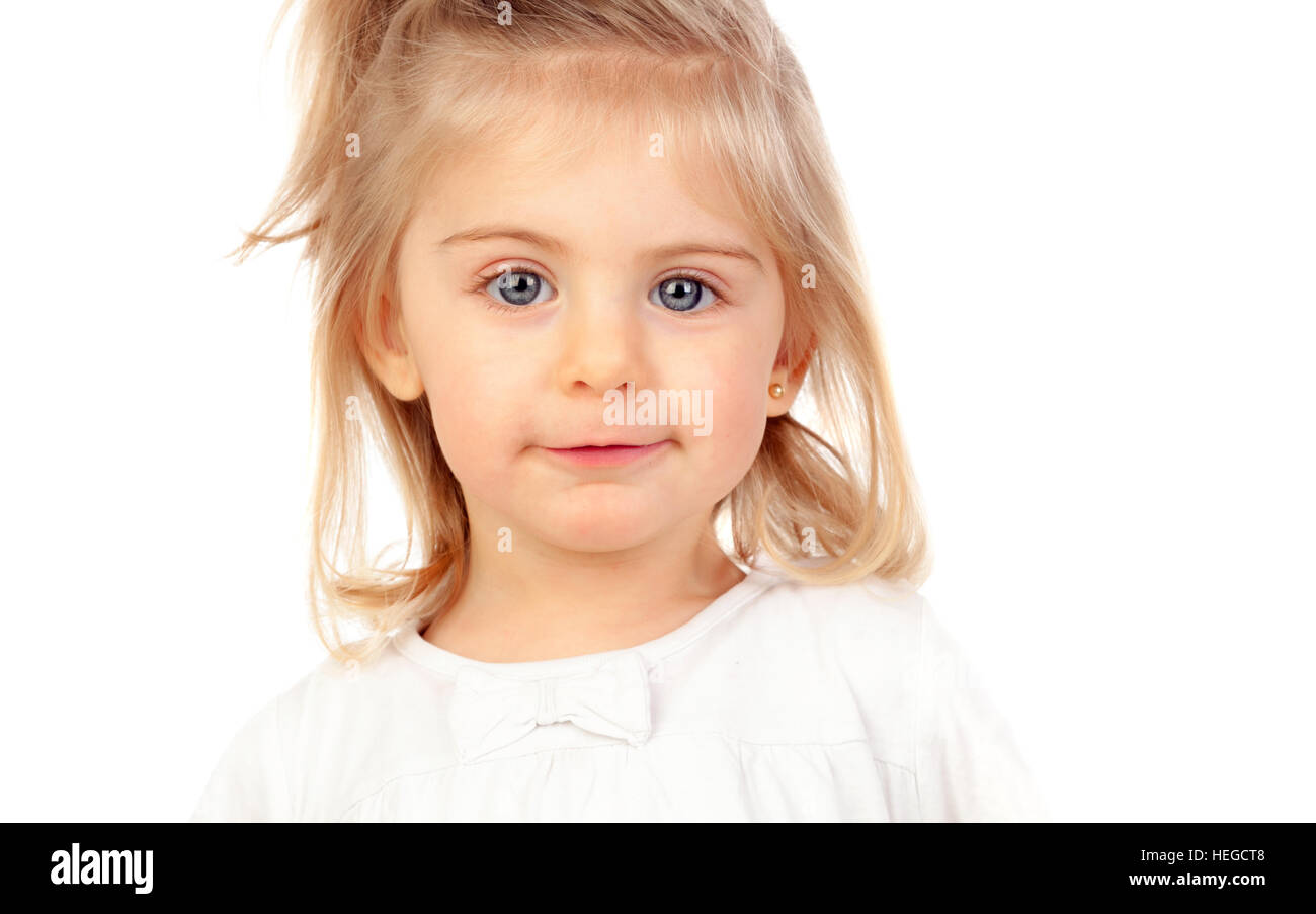 Pretty Blonde Baby Girl With Blue Eyes Isolated On A White