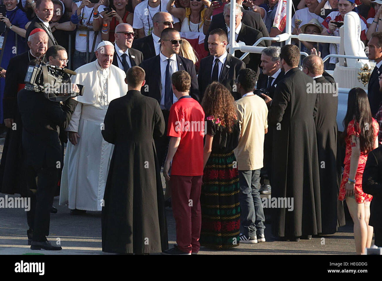 BRZEGI, POLAND - JULY 30, 2016: World Youth Day 2016 , Brzegi near Krakow o/p   pope Francis with young people Stock Photo