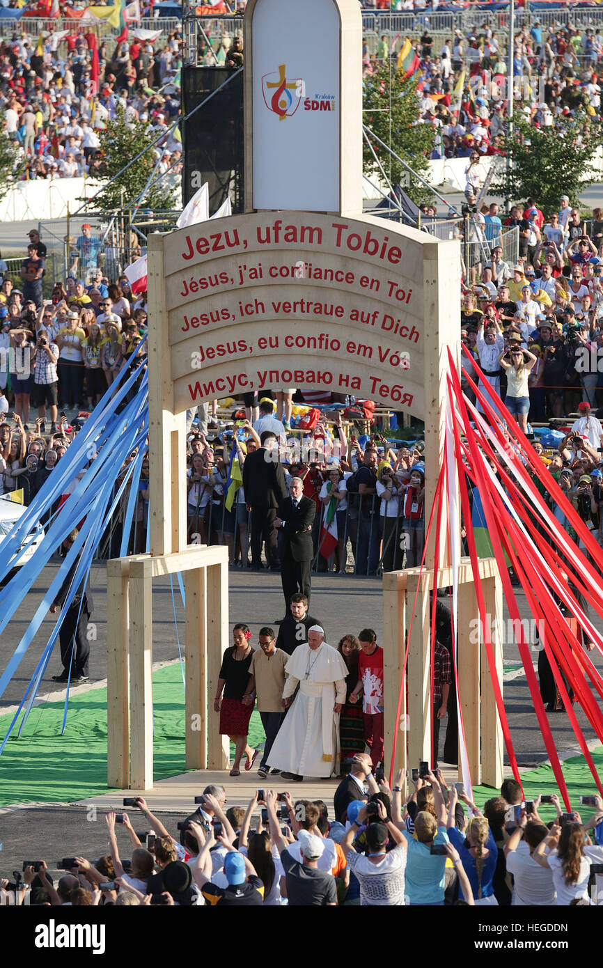 BRZEGI, POLAND - JULY 30, 2016: World Youth Day 2016 , Brzegi near Krakow o/p   pope Francis  gate of mercy with young people Stock Photo