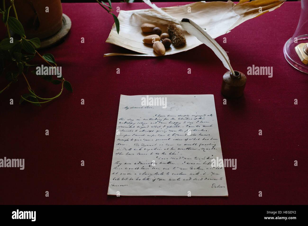 A handwritten letter on a red desk at Elizabeth Farm, an historical homestead and museum in Sydney Australia Stock Photo