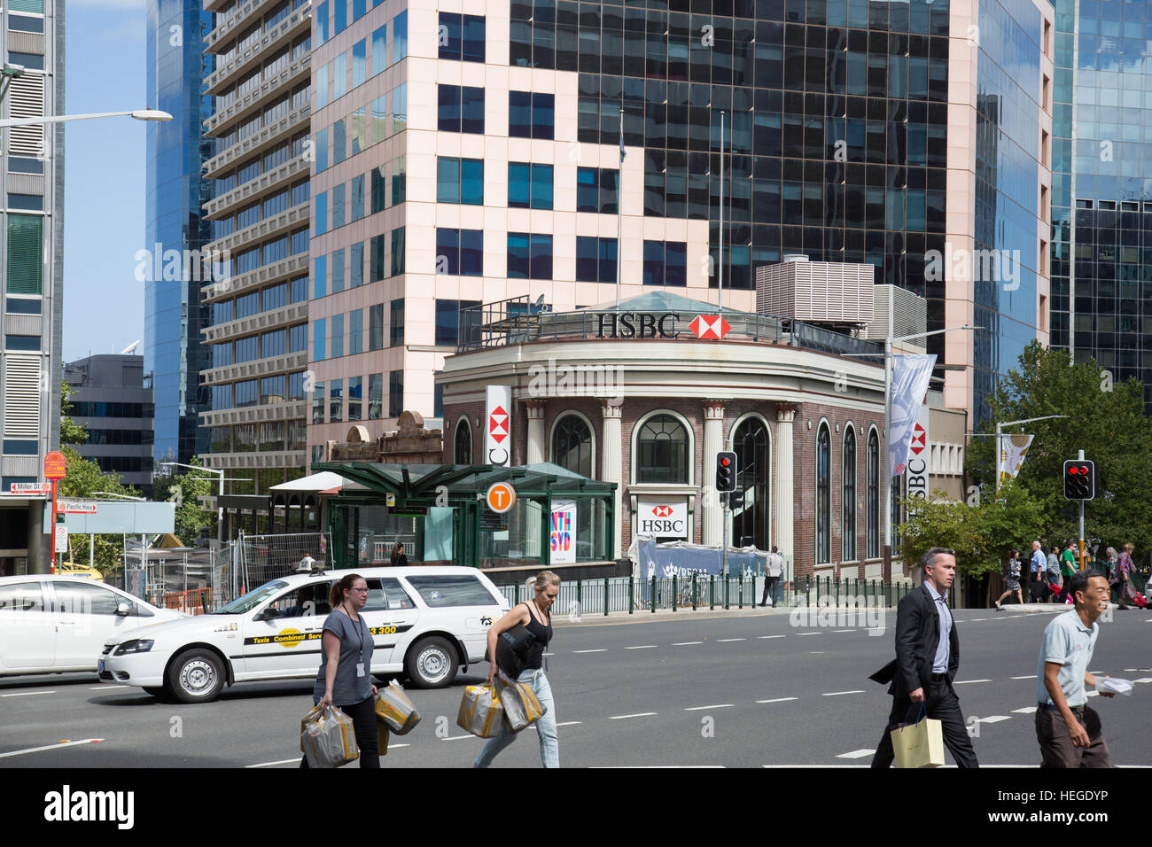 North Sydney city centre with HSBC bank branch and entrance to train station,Sydney,Australia Stock Photo