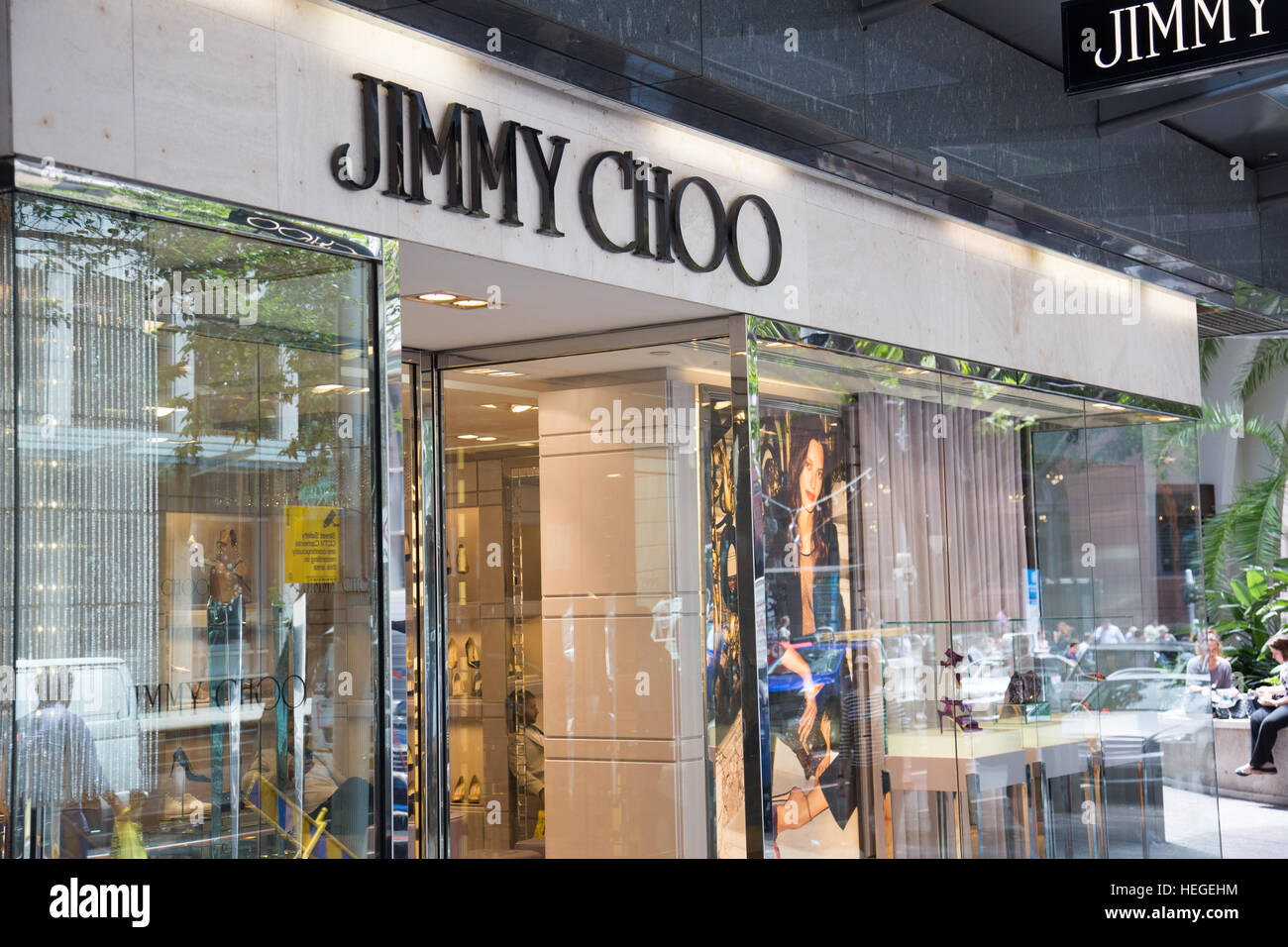 Jimmy Choo, luxury british brand, store in Sydney city centre,Australia selling womens goods and shoes Stock Photo