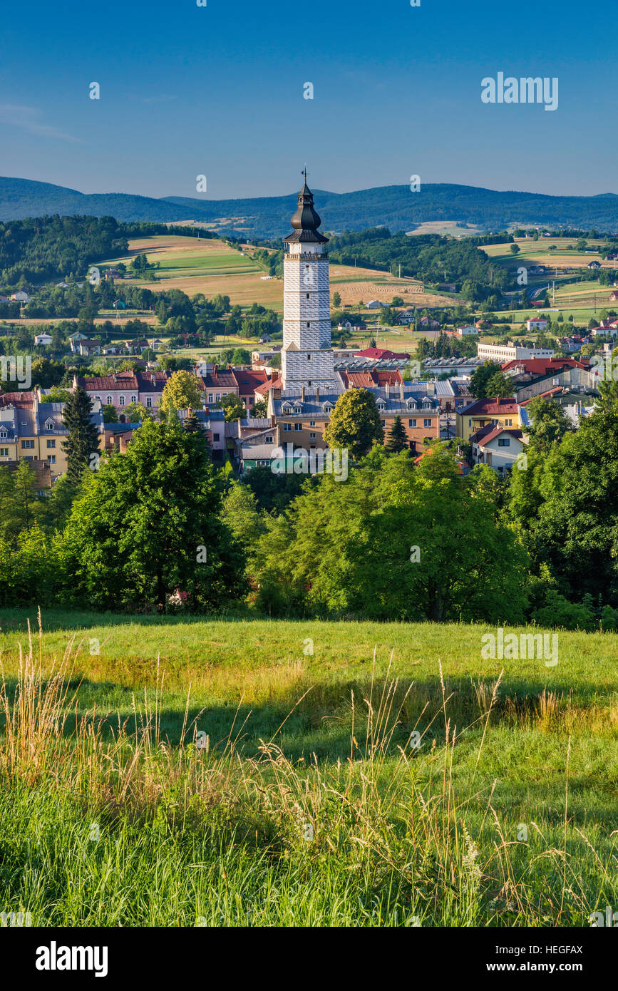 View of town of Biecz, Town Hall Bell Tower in center, Ropa River Valley, Malopolska, Poland Stock Photo